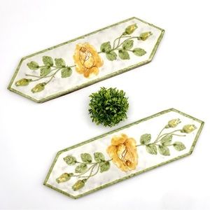 Italian 70s Faience Glazed Pottery Tile Trivet Set Wall Accent Yellow Rose Italy